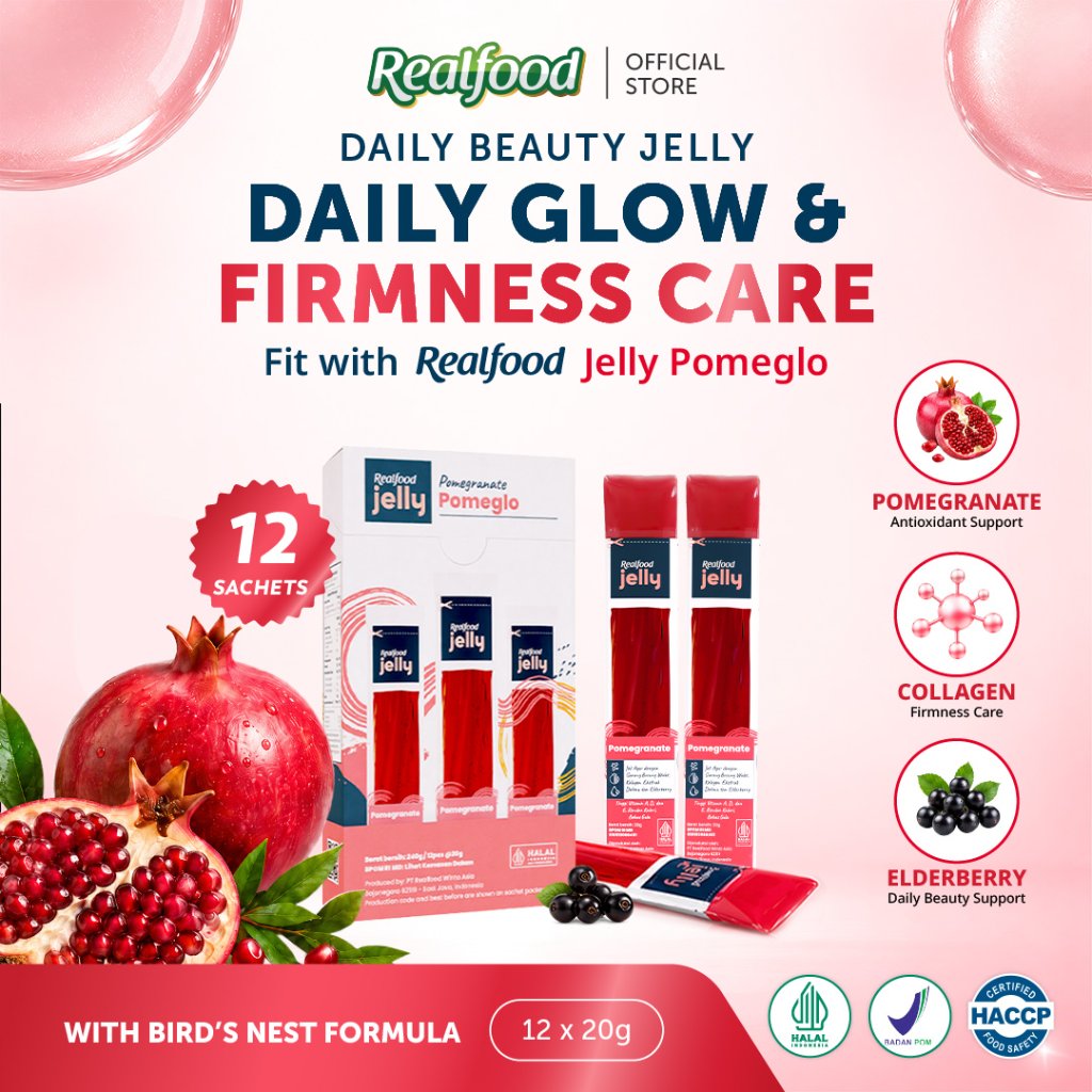 Realfood Jelly Pomeglo / Jelly Glowing Skin / Beauty Jelly / Pomegranate / Collagen / Retinol / Kulit Cerah / Glowing Skin / Firming Skin / Elastisitas Kulit / Kulit Kencang / Antioksidan / UV Care / Daily Beauty Snack