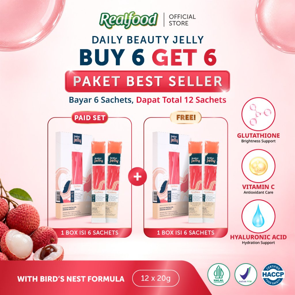 BUY 6 GET 6 Realfood Jelly Lychee Glutalicious / Jelly Brightening / Beauty Jelly / Glowing Skin / Kulit Cerah / Lychee / Glutathione / Hyaluronic Acid / Vitamin C / Vitamin E / Dark Spot / Noda Gelap / Kulit Kusam / Daily Beauty Snack