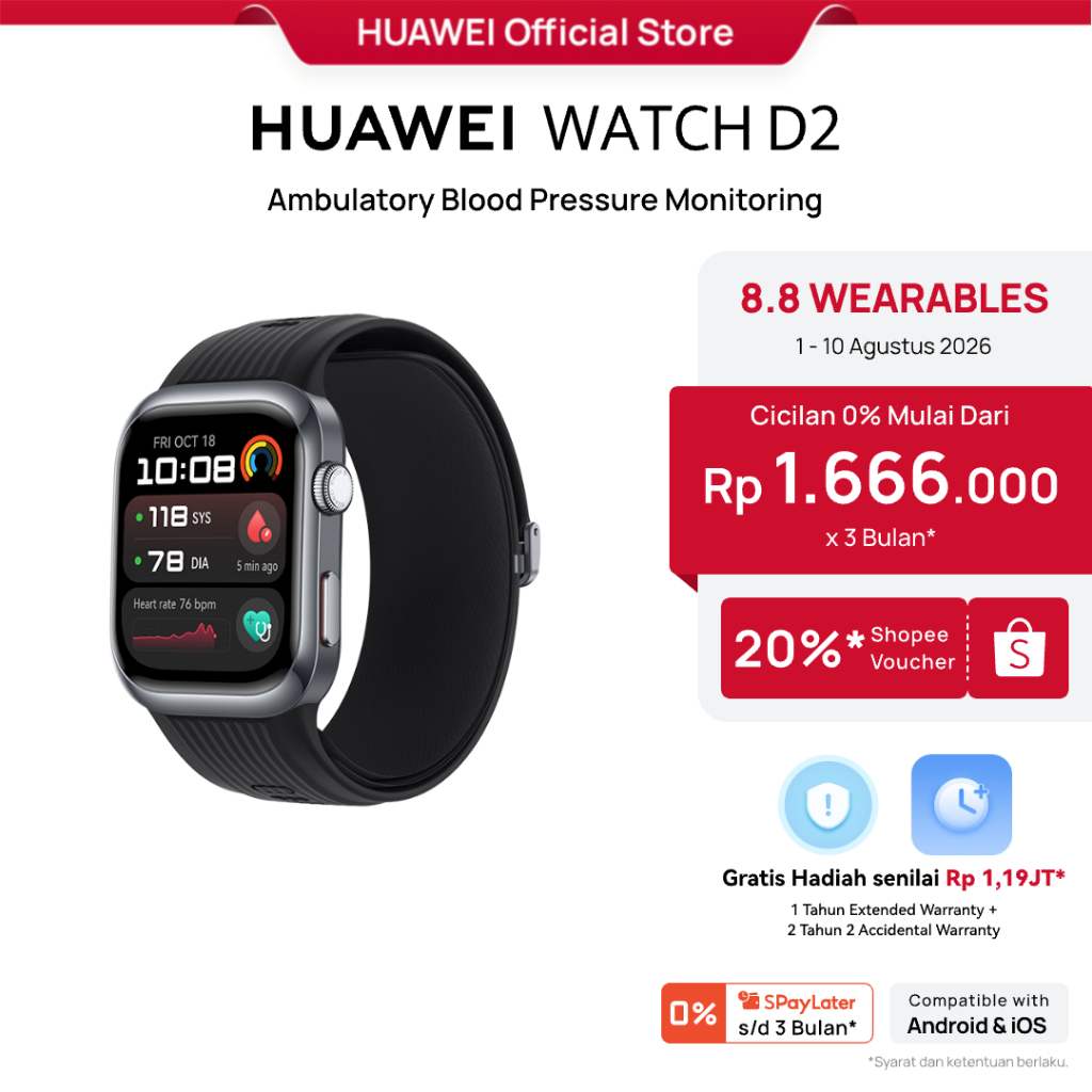 [8.8 s/d 20%*] HUAWEI WATCH D2 Smartwatch / 24-hour Ambulatory Blood Pressure Monitoring / Light and Slim Design / All-Round Health Management / Family Care