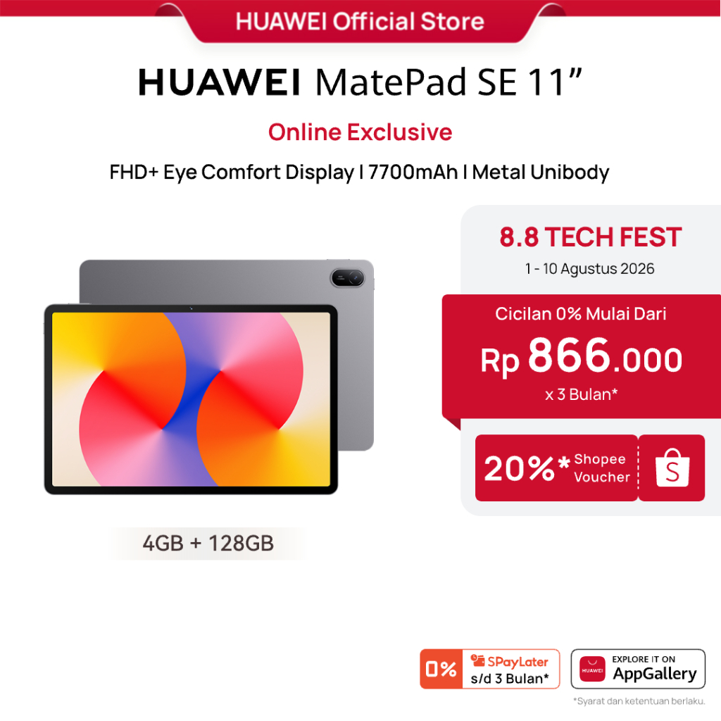 [8.8 s/d 20%*] HUAWEI MatePad SE 11" Tablet [4+128GB] / FHD+ Eye Comfort Display / 7700mAh / Metal Unibody