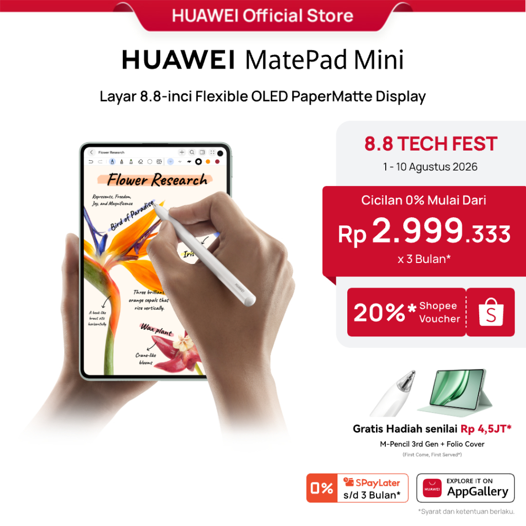 [8.8 s/d 20%*] HUAWEI MatePad Mini 12GB + 256GB Tablet / Ultra-light, Ultra-thin / 8.8" Flexible OLED PaperMatte Display / AI WPS Office 3.0