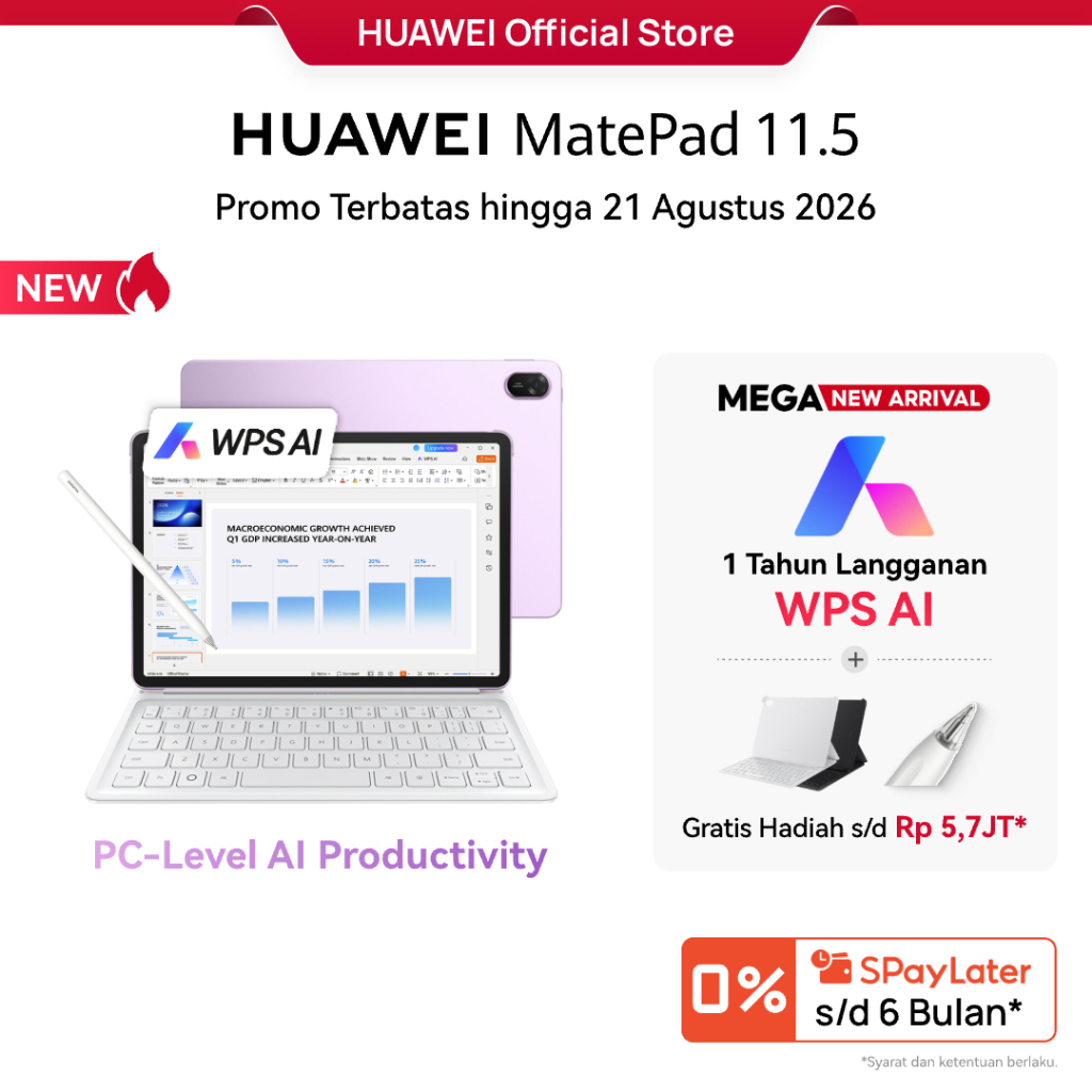 [FREE PEN / Voucher s/d 600RB] HUAWEI MatePad 11.5 PaperMatte Tablet / Produktivitas WPS Setara PC ditenagai AI / Layar Papermatte / 10,100 mAh 40W HUAWEI SuperCharge