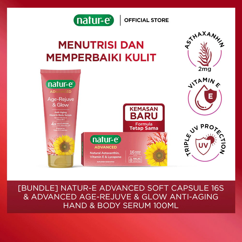 Natur-E Paket Advanced Soft Capsule 16s & Advanced Age-Rejuve & Glow Anti-Aging Hand & Body Serum 100ml - Lotion Serum Perawatan Tubuh Mengandung Astaxanthin dan Vitamin E