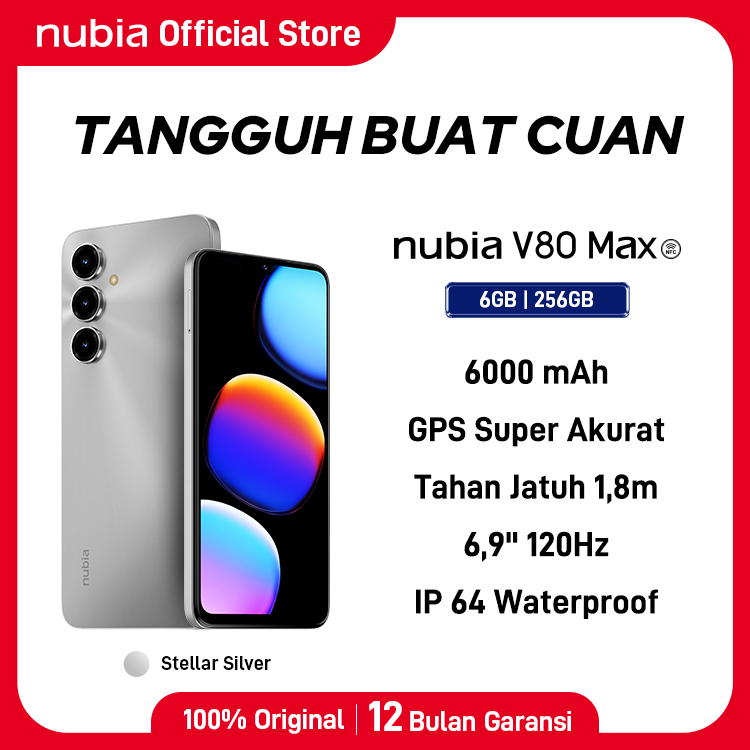 Handphone nubia V80 Max ROM 128 GB RAM 12 GB (6 GB + 6 GB) Smartphone Layar 6.9" HD 120Hz, Baterai 6000mAh Fast Charging GPS Turbo