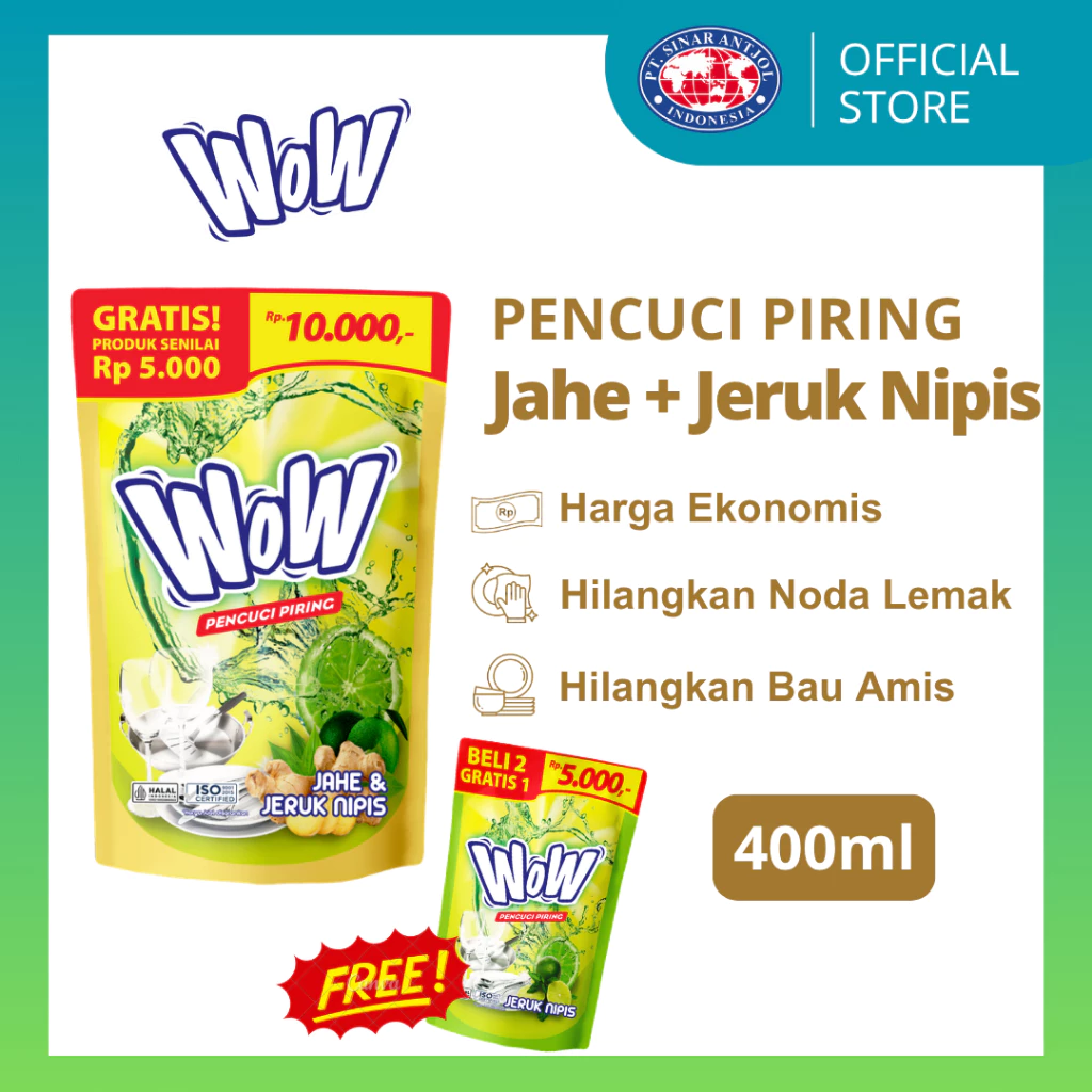 WOW Dishwah Lime Ginger 400ml + Free 175ml Lime - Sabun Cair Pencuci Piring (JAHE)