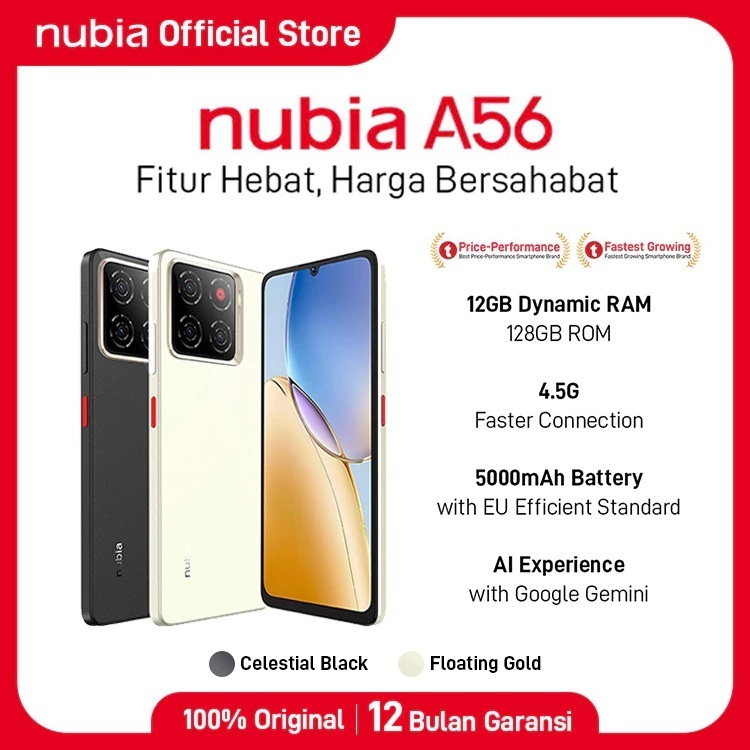 [SPECIAL 9.9] nubia A56 ROM 128GB RAM 12GB (4+8GB) Smartphone Kamera AI 13MP Triple Camera Layar 6.75" 90Hz, Baterai 5000mAh Fast Charging
