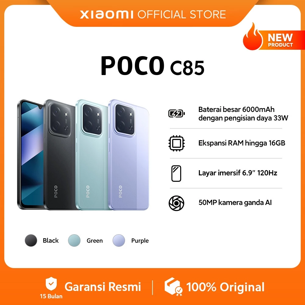 POCO C85 (6/128 GB) (8/256 GB) Baterai besar 6000mAh dengan pengisian daya 33W / Ekspansi RAM hingga 16GB / Layar imersif 6.9" 120Hz / 50MP kamera ganda AI [Official Store]