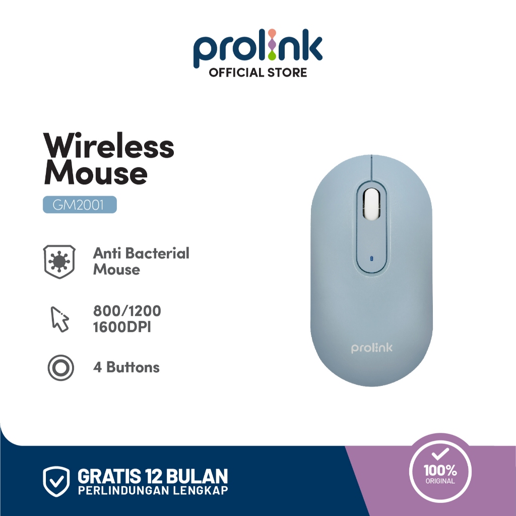 Prolink MACA Anti-Bacterial Mouse Wireless Silent Click FREE Batt l 4 buttons 800-1600 DPI