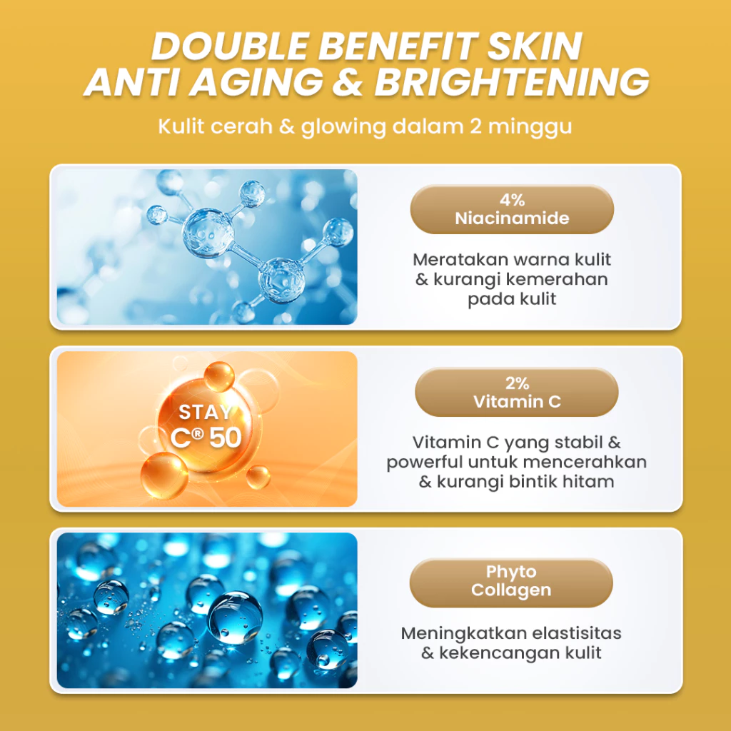 Hanasui Whitening Gold Serum - Cerah & Glowing Kurangi Bintik Hitam & Lawan Tanda Penuaan 4% Niacinamide & 2% Vitamin C - Gambar 3