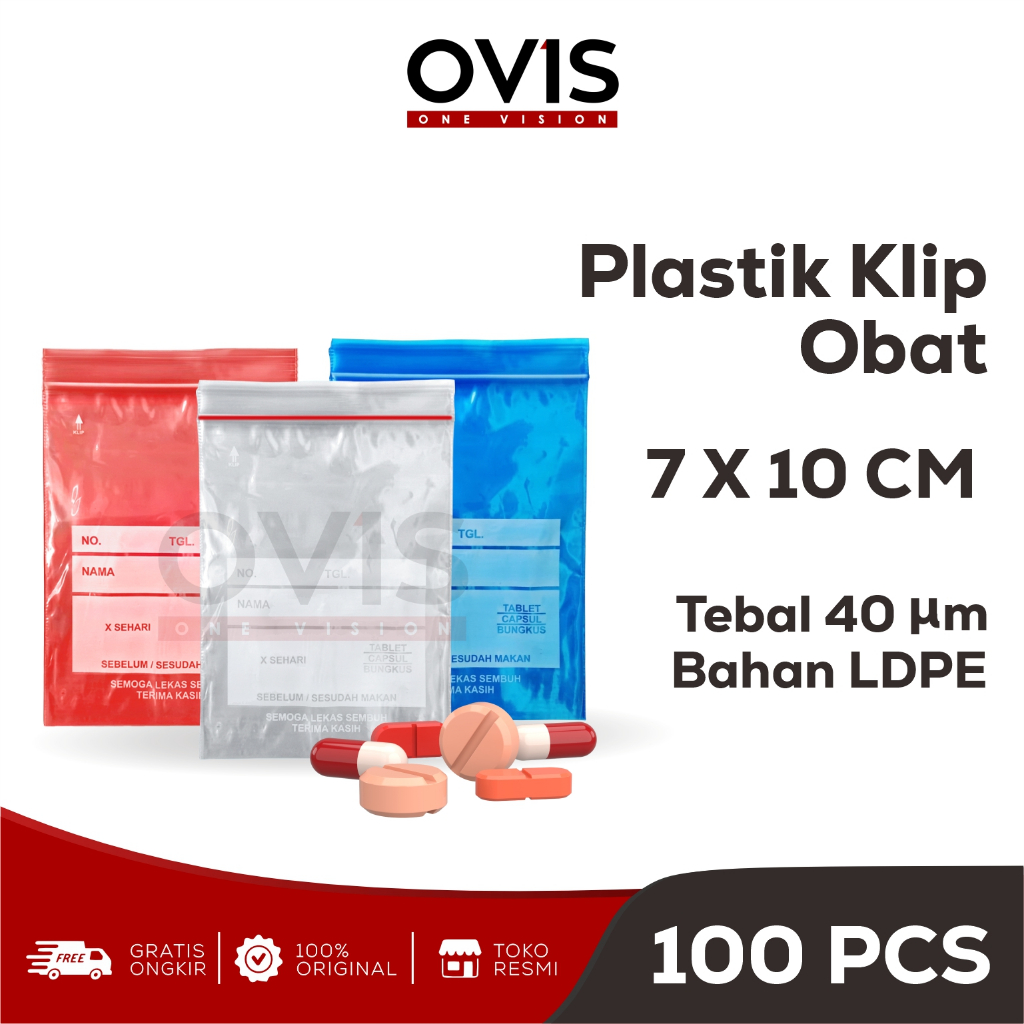 Plastik Klip Obat Apotek 7x10 cm 8.7x13 cm 10x15 cm Ziplock Kantong Zipper Biru Merah Bening Isi 100 Pcs