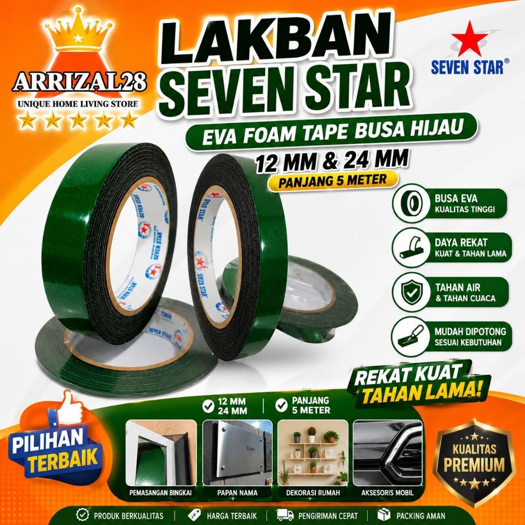 12 MM / EVA FOAM LAKBAN SEVEN STAR TAPE BUSA HIJAU PANJANG 5 METER - Gambar 2