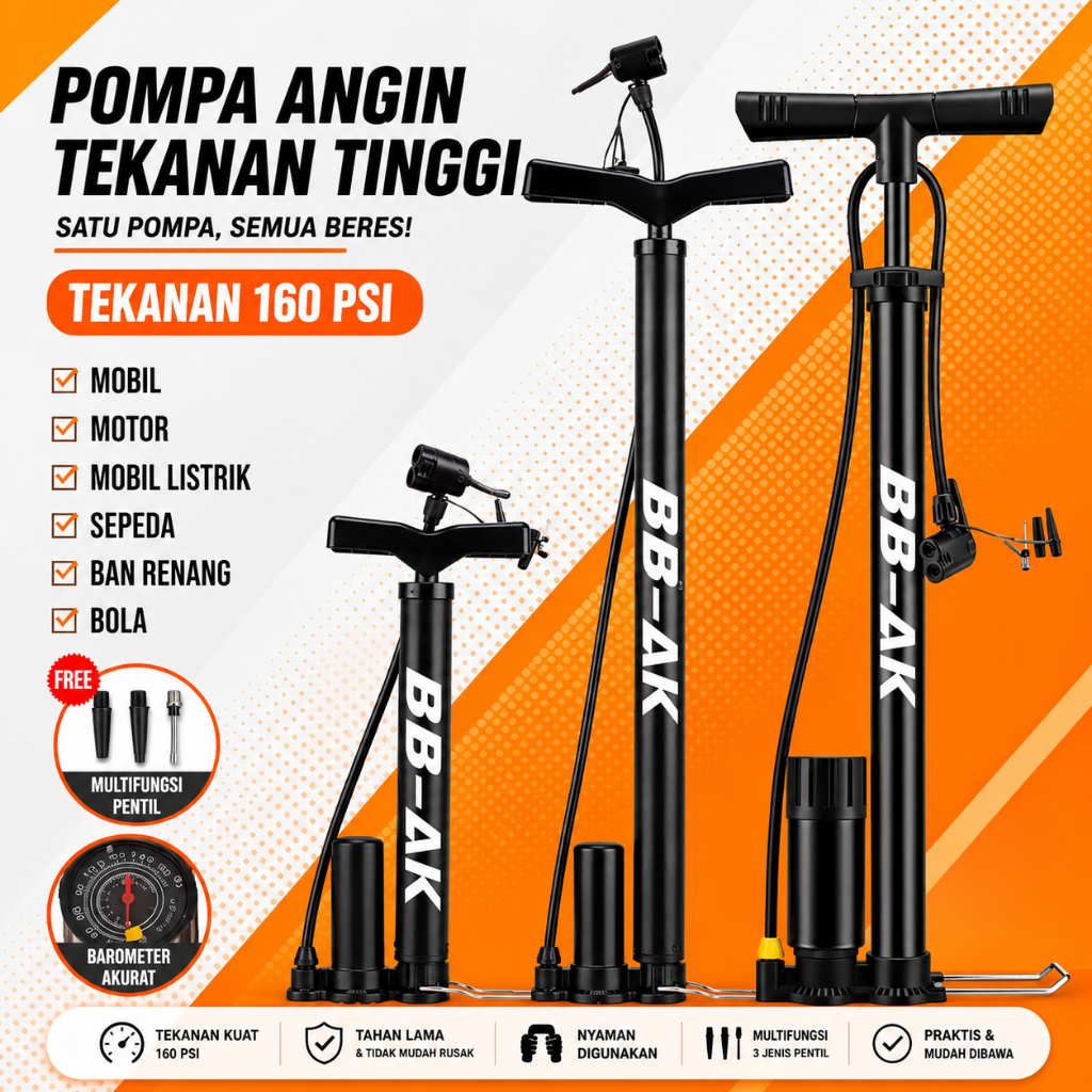 Pompa Angin Portable Tekanan Tinggi dengan Tabung Meter Akurat hingga 160 PSI, Pompa Ban Mobil Motor Sepeda dan Bola, Desain Kompak Kuat Praktis untuk Perjalanan dan Darurat