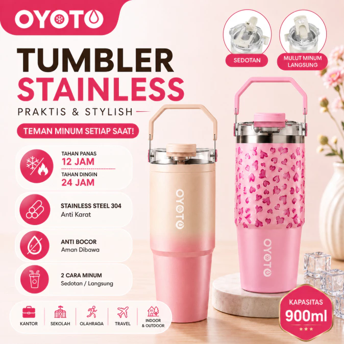 OYOTO Tumbler Portable Bottle Tumbler Stainless Kapasitas 900ml Tahan Panas Stainless Steel 304 Tahan Karat 1 Cara With Handle