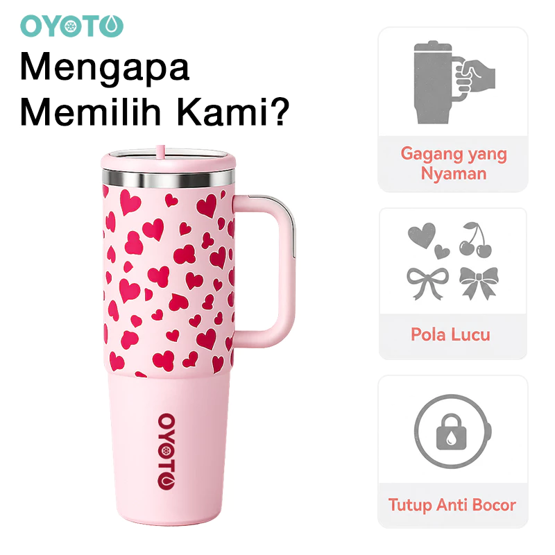 OYOTO Tumbler Vakum 1200ML Pink Motif Hati Stainless Steel Tahan Dingin Panas 24 Jam Portable Outdoor - Gambar 2