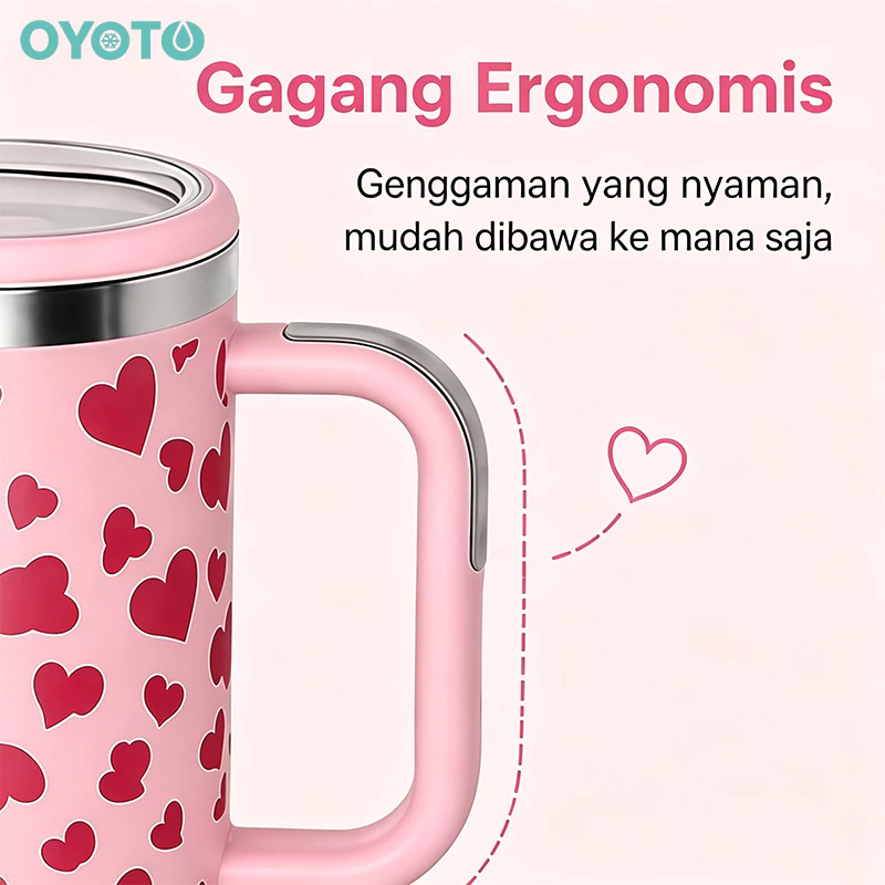 OYOTO Tumbler Vakum 1200ML Portable Stainless Steel Pink Motif Hati Tahan Dingin Panas 24 Jam Outdoor - Gambar 4