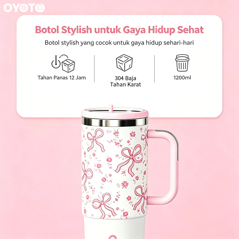 OYOTO Tumbler Vakum 1200ML Portable Stainless Steel Pink Motif Hati Tahan Dingin Panas 24 Jam Outdoor - Gambar 3