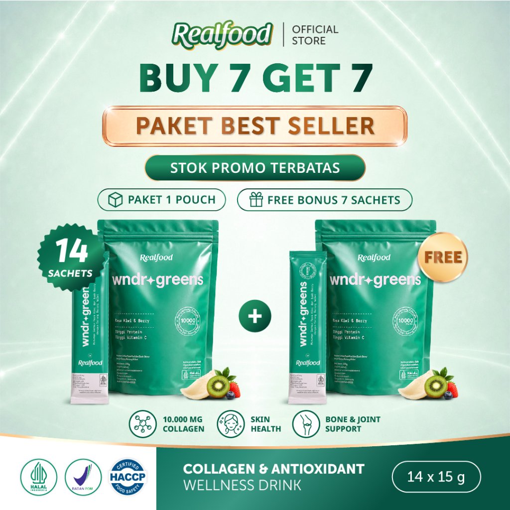 BUY 7 GET 7, Realfood WNDRGREENS / Super Green Super Collagen Drink / Collagen 10000mg / Bird's Nest / Astaxanthin / Spirulina / Glutathione / Vitamin C / Klorofil / Green Tea EGCG / Multivitamin Greens / Skin Gut Immunity / Focus Energy