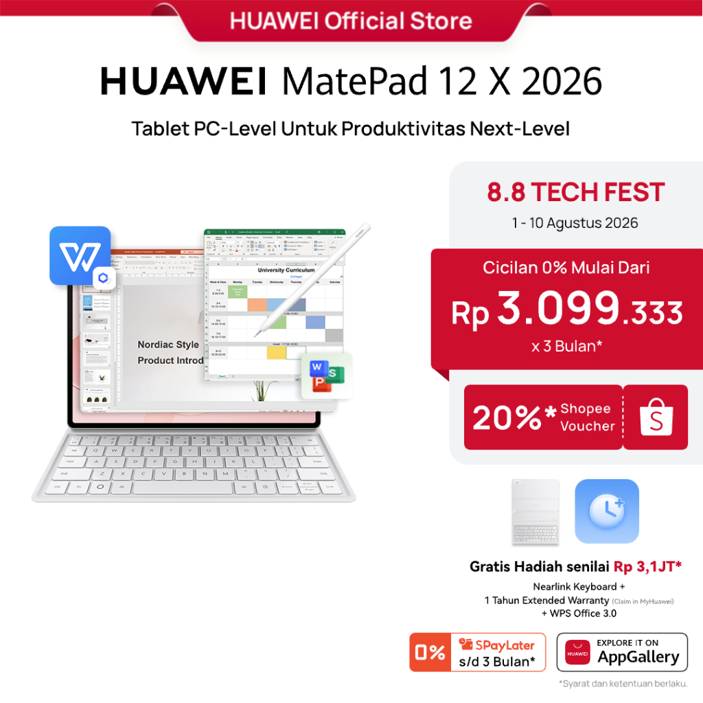 [8.8 s/d 20%*] HUAWEI MatePad 12 X 2026 Tablet l PC-Level WPS 3.0 l Layar PaperMatte Ultra Jernih l Support M-Pencil Pro