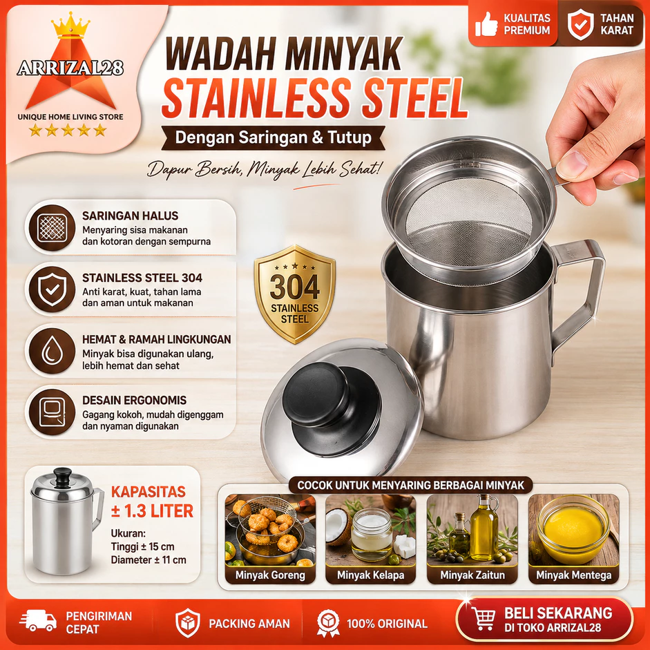 OIL POT 1 LITER MUG GELAS STAINLESS STEEL WADAH SARINGAN MINYAK