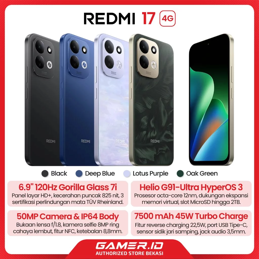 Xiaomi Redmi 17 4G ram 4GB 6GB 6.9" 120Hz Helio G91-Ultra 50MP 7500mAh 45W IP64 NFC HyperOS 3 Resmi