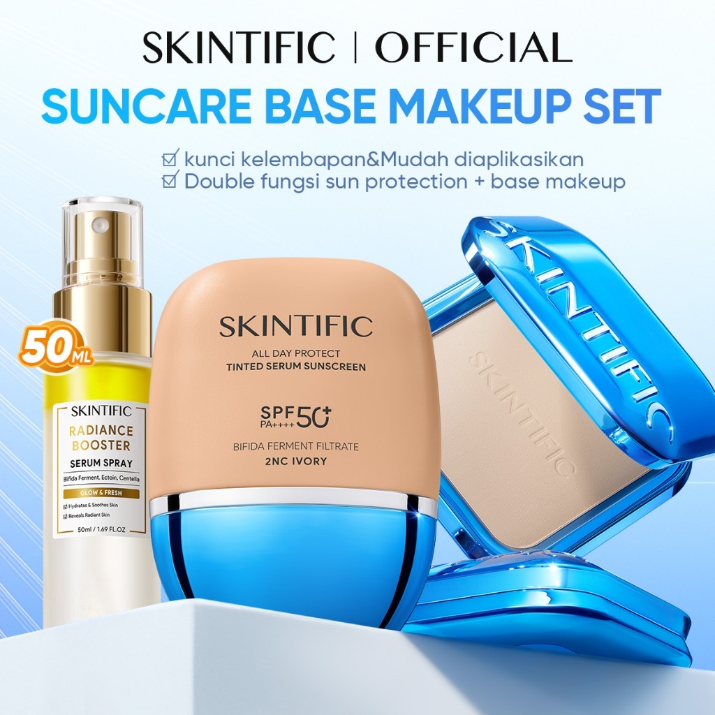 NEW / SKINTIFIC - Light-weight Makeup Combo / Tinted Serum Sunscreen + Instant Glowing Serum Spray + Powder Foundation / SPF 50+ PA++++ All Day Protect High Coverage Glowing Finish Skin tint Natural Long-wear Makeup Set 2PCS 3PCS Bundle