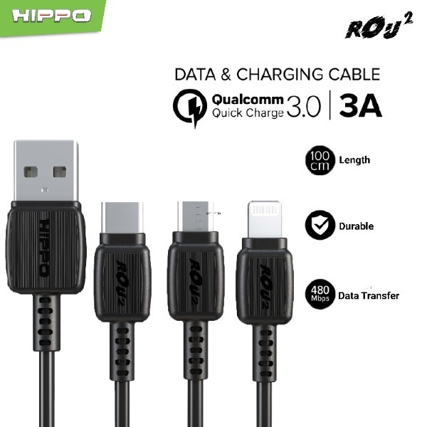 Hippo Kabel Data Fast Charging Rou 2 USB to Micro Type C Lightning 3A Quick Charge 3.0 Quick Charging Data Cable Android Casan Handphone