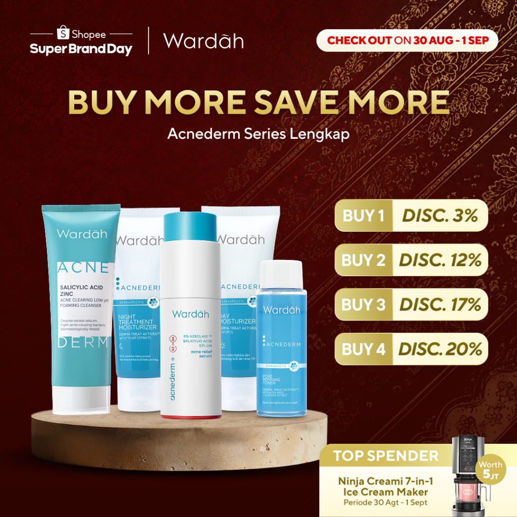 WARDAH Acnederm Series Lengkap - Acne Care, Melawan Jerawat, Cocok untuk Kulit Berjerawat, Komedo, Azeclair, Mengontrol Minyak Berlebih, Mengurangi Kemerahan - Cleanser, Toner, Serum, Day & Night Moisturizer, Micellar Water, Sunscreen - Skincare