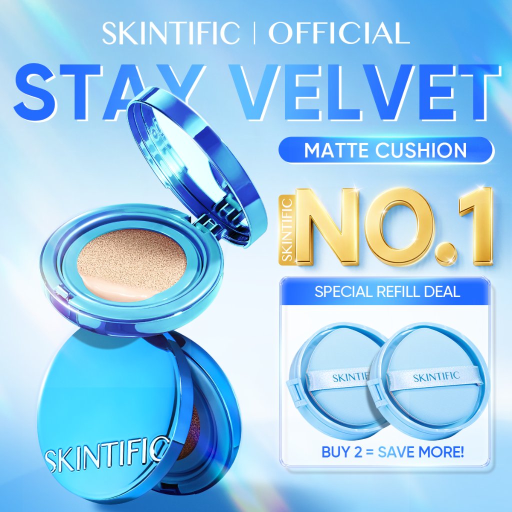 SKINTIFIC - Perfect Stay Velvet Matte Cushion / 12H Matte Finish Cocok untuk Kulit Berminyak Berjerawat&Semua Non-Comedogenic Refill Foundation Compact Oil-Control Flawless MINI SIZE Travel Friendly BB Cream Makeup bedak padat Skin Tint concealer