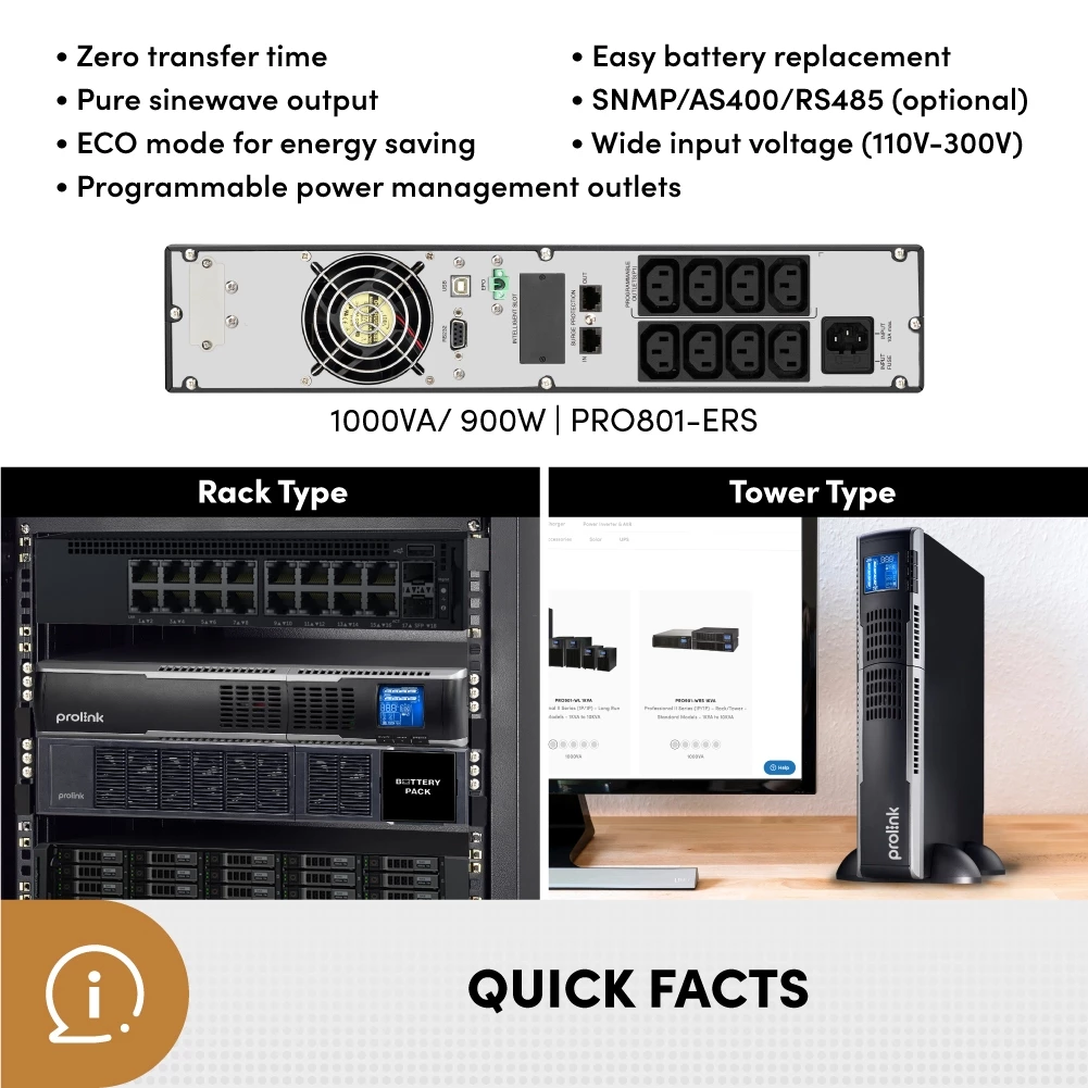 Prolink Rackmount Online UPS PRO801ERS 1000VA 900Watt Uninterruptible Power Supply+Stabilizer - Gambar 3