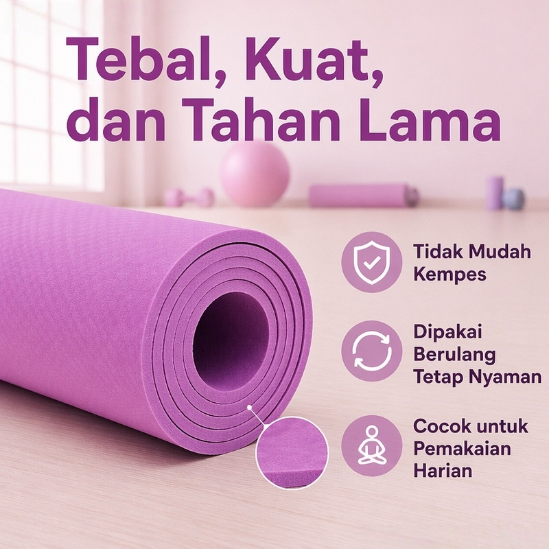 PROYOGA Matras Yoga TPE Premium Anti Selip 2 Sisi Tebal / Peredam Suara, Anti Goyang, Empuk & Nyaman untuk Yoga, Pilates, Gym dan Fitness di Rumah - Gambar 3