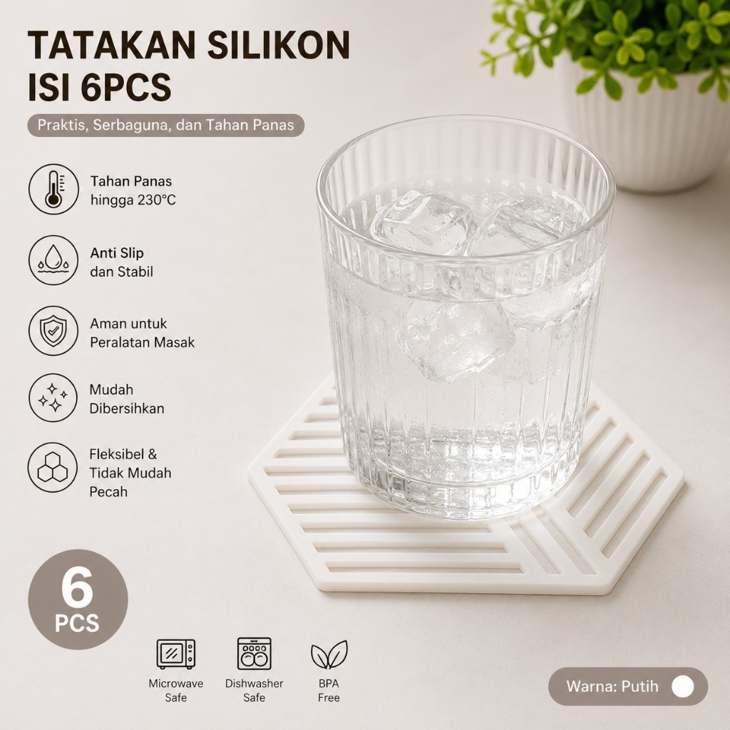TATAKAN SILIKON SERBAGUNA 6 PCS PUTIH ,TATAKAN ALAS GELAS MANGKOK - Gambar 3
