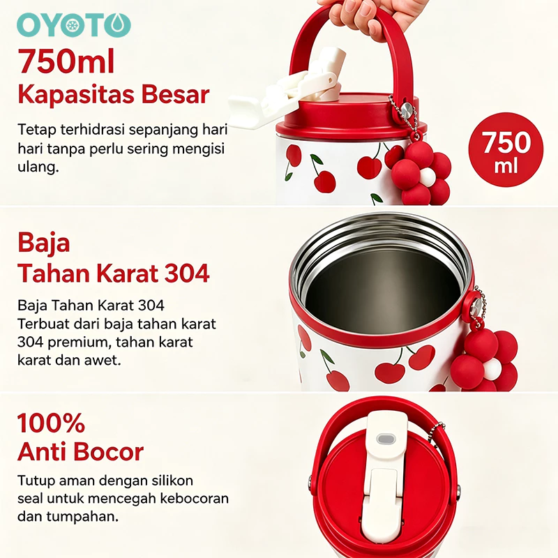 OYOTO Tumbler Botol Minum Portable Bottle Tahan Panas Tahan Dingin Stainless Steel 304 With Handle Tumbler Stainless - Gambar 2