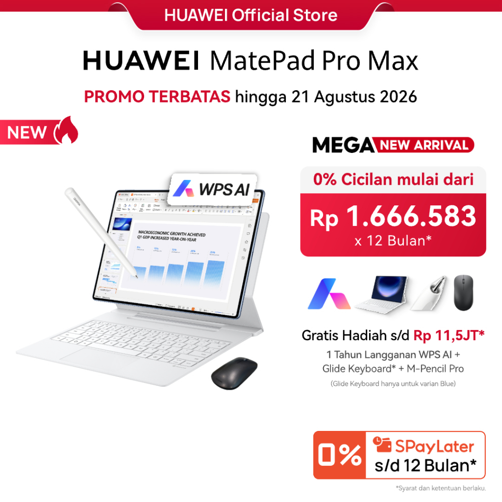 [BARU / Voucher s/d 2,2JT] HUAWEI MatePad Pro Max Tablet / up to 12GB + 512GB / AI-powered PC-Level WPS / Ultra-thin Flagship Design / 13.2" Flexible OLED PaperMatte Display
