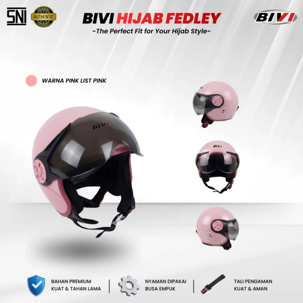 Helm Wanita Terbaru BOGO HIJAB BIVI FEDLEY Cewek Remaja Dewasa Half Face SNI Busa Bisa Dilepas Nyaman Dan Aman - Gambar 2
