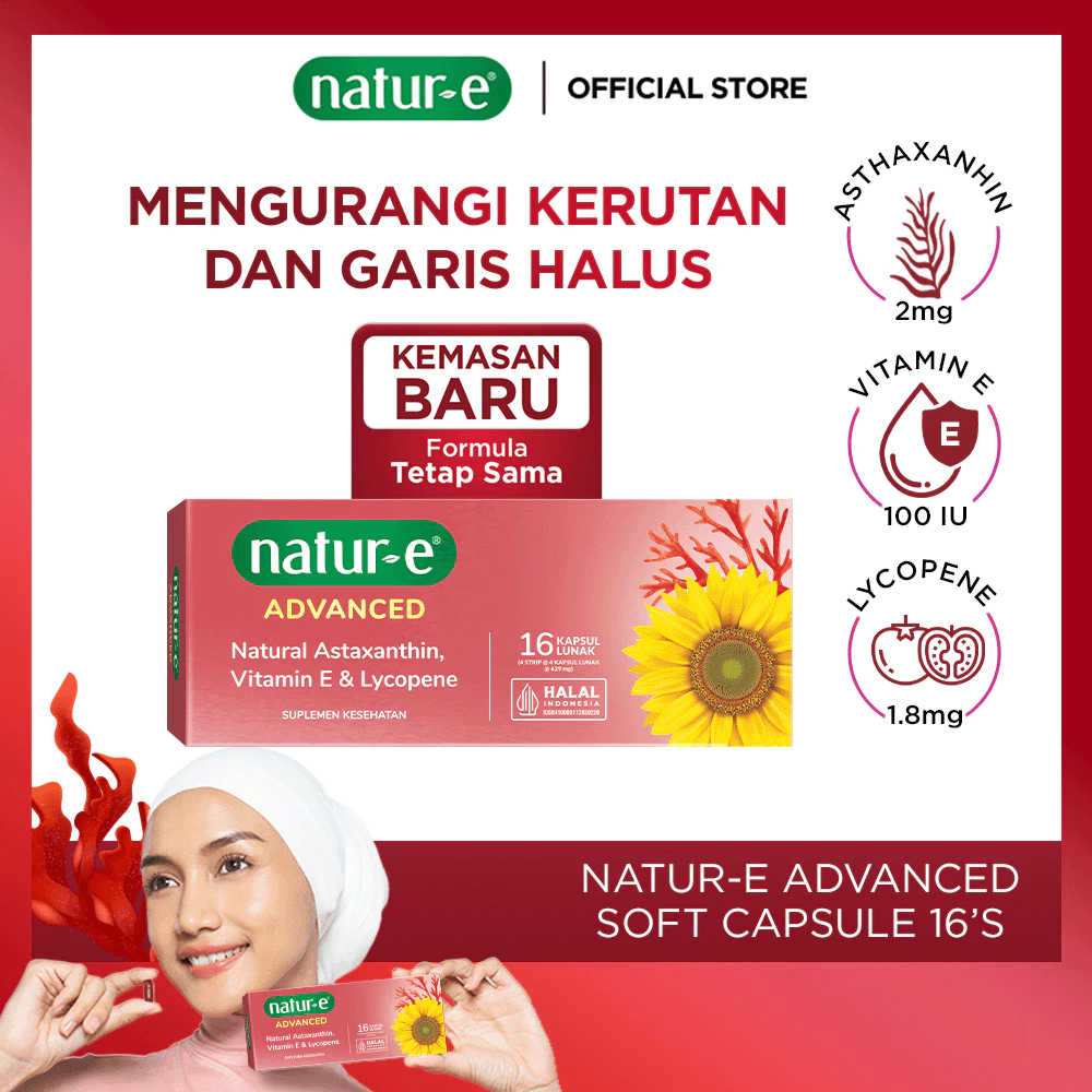 Natur-E Advanced Soft Capsule 16s/32s - Suplemen Kecantikan Vitamin E dan Natur E Astaxanthin - Membantu Memelihara Kesehatan Kulit