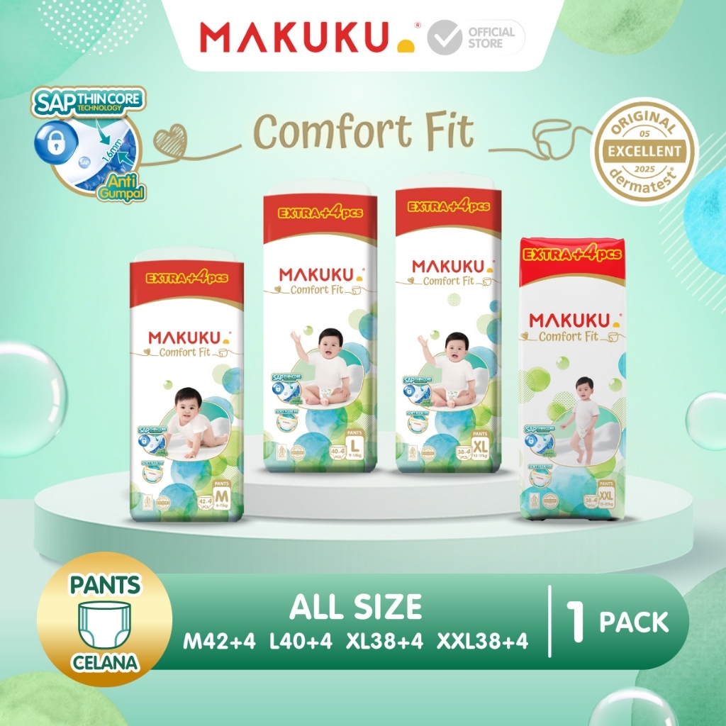 [1 PACK] MAKUKU SAP Diapers Comfort Fit Jumbo Pants / Celana M42+4 / L40+4 / XL38+4 / XXL38+4 Popok Bayi Tipis Extra Dry Anti Gumpal Mengunci Cairan Cepat Kering Type Celana