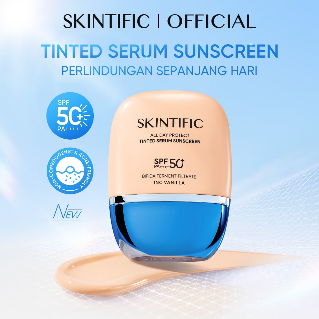 NEW / SKINTIFIC - Light-weight Makeup Combo / Tinted Serum Sunscreen + Instant Glowing Serum Spray + Powder Foundation / SPF 50+ PA++++ All Day Protect High Coverage Glowing Finish Skin tint Natural Long-wear Makeup Set 2PCS 3PCS Bundle - Gambar 3