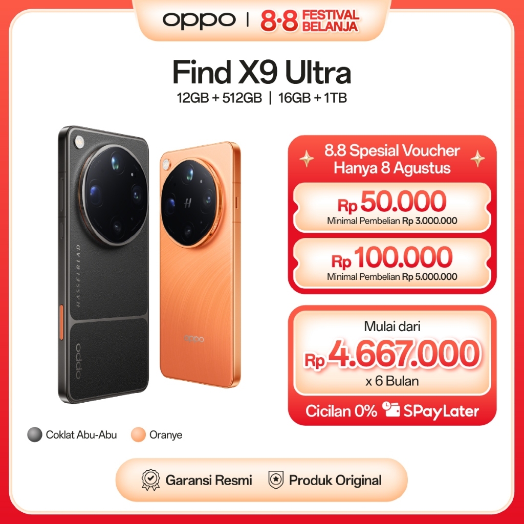 [BARU] OPPO Find X9 Ultra 12+512GB & 16GB+1TB [Hasselblad 50MP 10x Optik Telefoto, Kamera Ganda 200MP Hasselblad, Baterai Besar 7050mAh 100W SUPERVOOC, Video 8K Ultra Jernih,