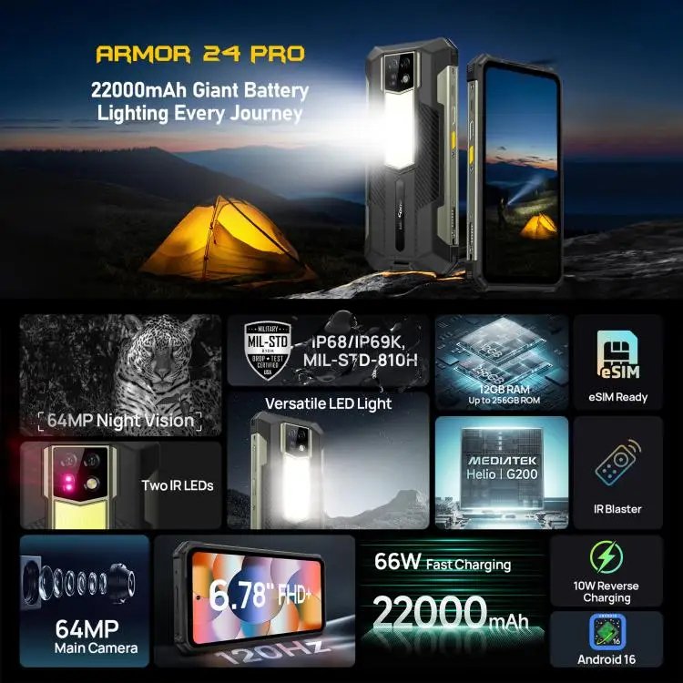 Ulefone Armor 24 Pro 6.78''LCD IPS 120HZ Helio G200 12GB 256GB 22000mAh 66W 64MP Main 64MP Night Vision - Gambar 2
