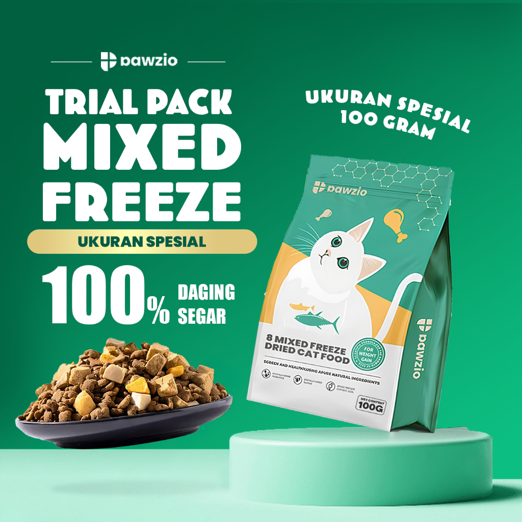 PAWZIO TRIAL PACK MIXED FREEZE - DRIED PREMIUM CAT FOOD 100G dengan tambahan khusus TAURIN & LECITHIN