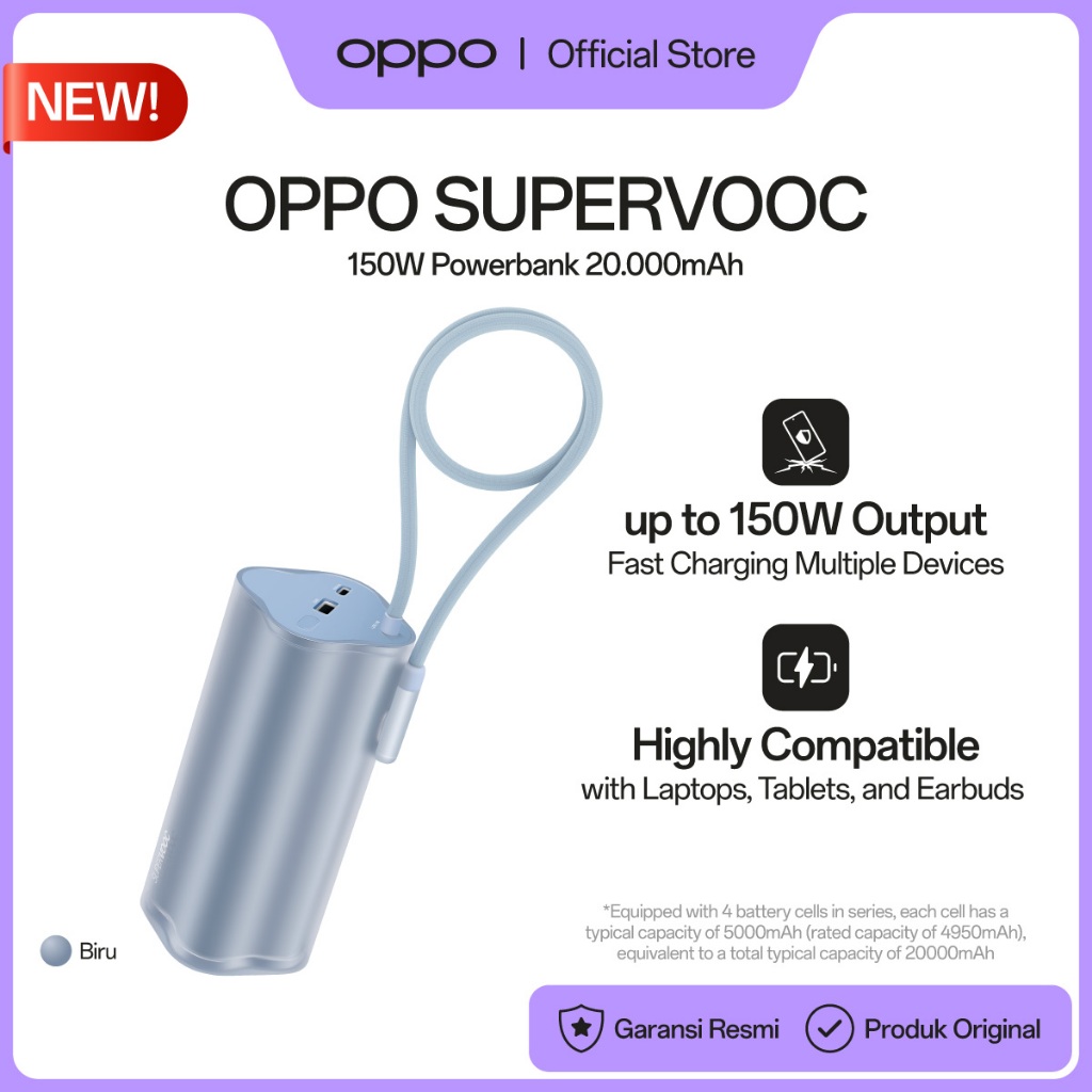 OPPO SUPERVOOC 150W Power Bank PBSV07 Light Blue [Up To 150W Output, 20.000mAh Huge Capacity Power, Compatible with Laptops, Tablets, and Earbuds] - Gambar 2