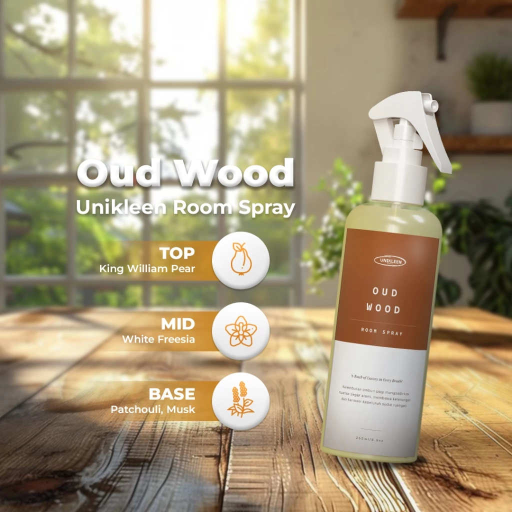 Unikleen Bed & Room Spray Oud Wood - Pengharum Ruangan Anti Bakteri, Pewangi Sofa & Kasur, Linen Spray Tahan Lama
