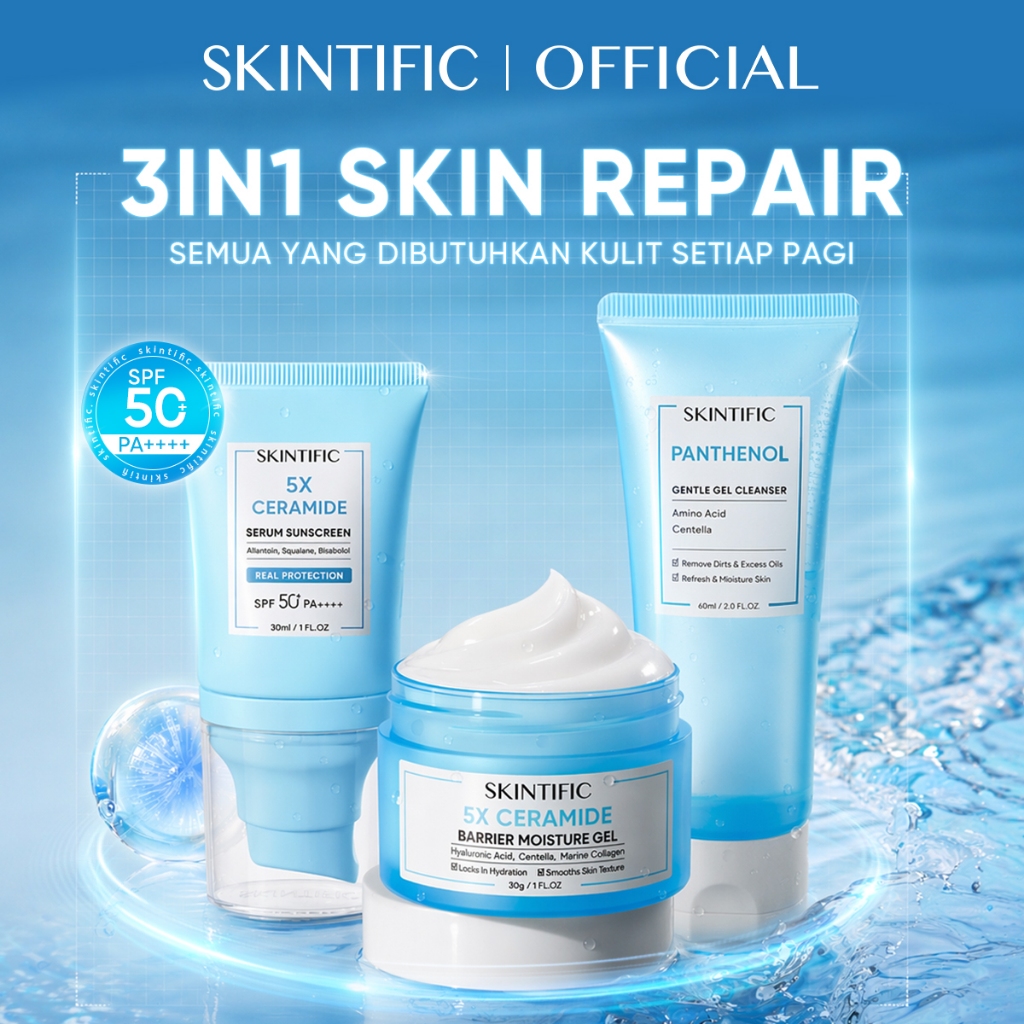 SKINTIFIC - 3PCS Repair Set / Panthenol Gel Cleanser + 5X Ceramide Barrier Moisturizer + 5X Ceramide Sunscreen SPF 50+ PA++++