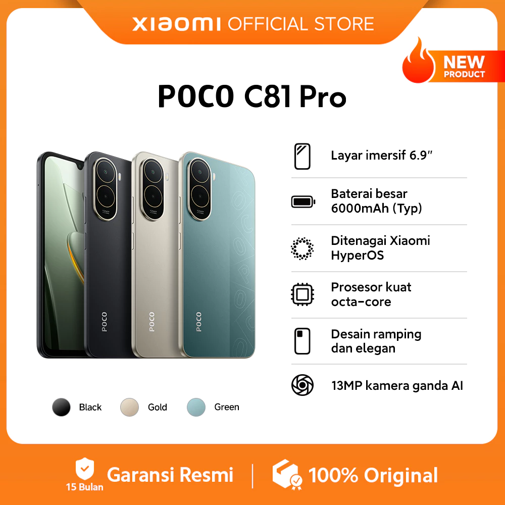 POCO C81 Pro (4GB/128G) (4GB/64GB) / Layar imersif 6.9" / Baterai besar 6000mAh (Typ) / Ditenagai Xiaomi HyperOS / Prosesor kuat octa-core / Desain ramping dan elegan / 13MP kamera ganda AI / HP 1 Jutaan [Xiaomi Official Store] - Gambar 2
