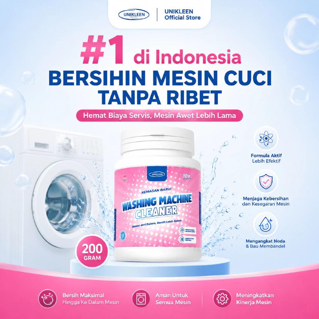UNIKLEEN By Adreena - pembersih mesin cuci/washing machine Cleaner 200gr/bubuk pembersih mesin cuci / serbuk ajaib / bubuk mesin cuci / tablet pembersih / deterjen mesin cuci / pembersih mesin cuci 1 tabung bukaan atas/pembersih mesin cuci 2 tabung