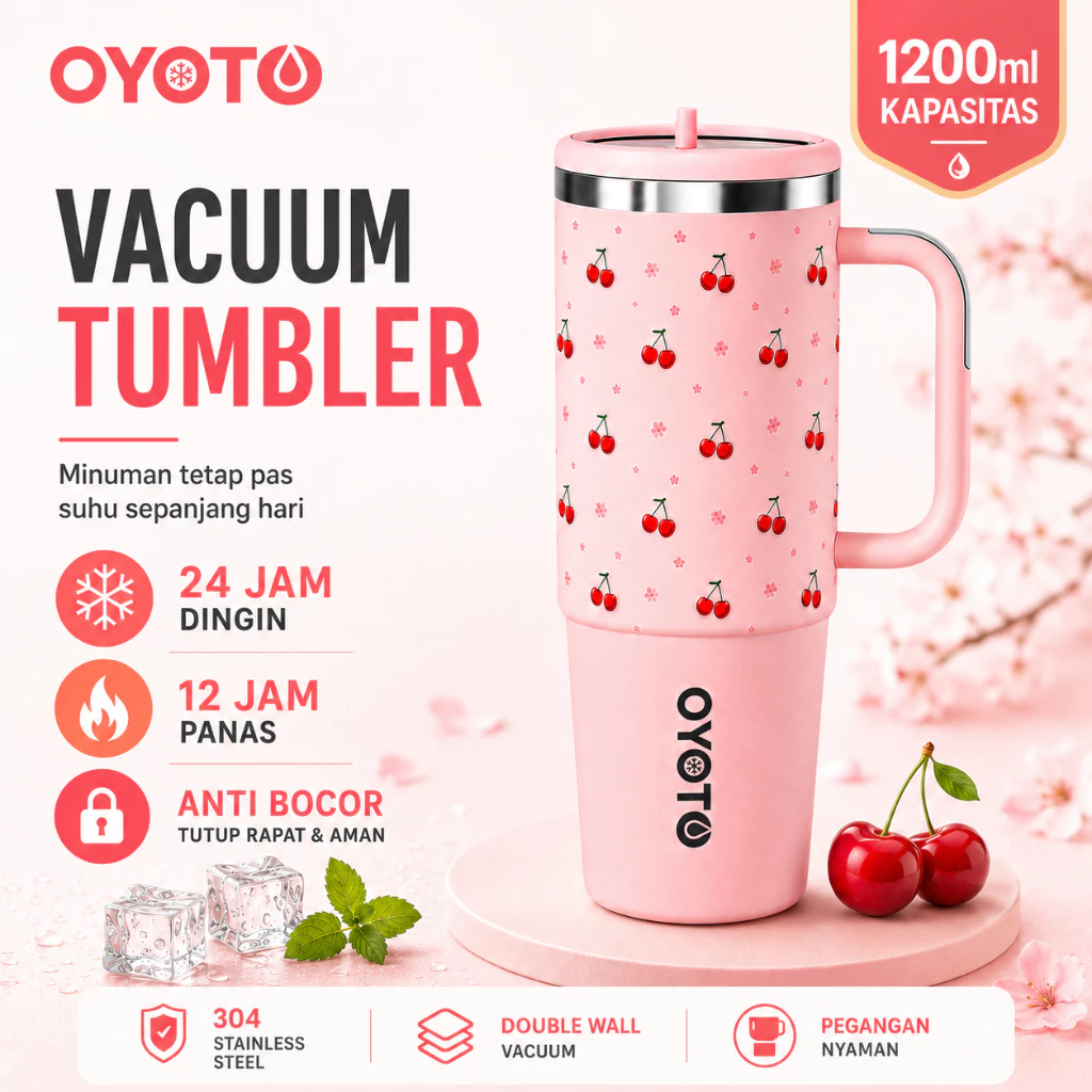 OYOTO Tumbler Vakum 1200ML Portable Stainless Steel Pink Motif Hati Tahan Dingin Panas 24 Jam Outdoor