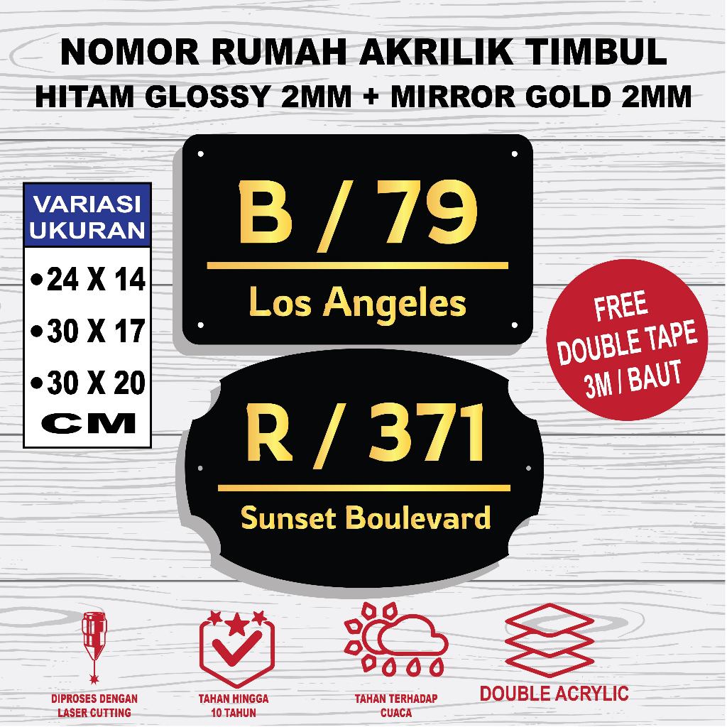 NOMOR RUMAH AKRILIK TIMBUL HITAM GLOSSY 2 MM + MIRROR GOLD 2MM ESTETIK