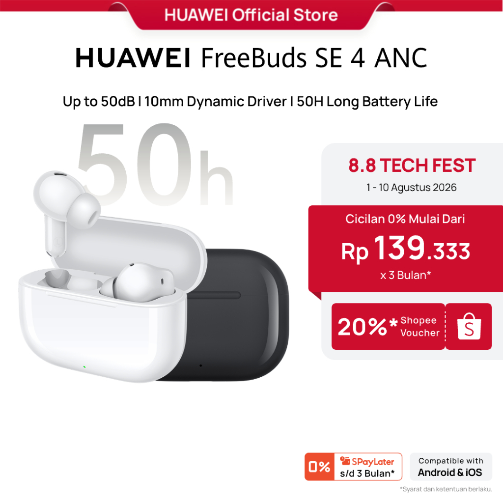 [8.8 s/d 20%*] HUAWEI FreeBuds SE 4 ANC TWS l Up to 50dB l 10mm Dynamic Driver / 50H Long Battery Life l IP54