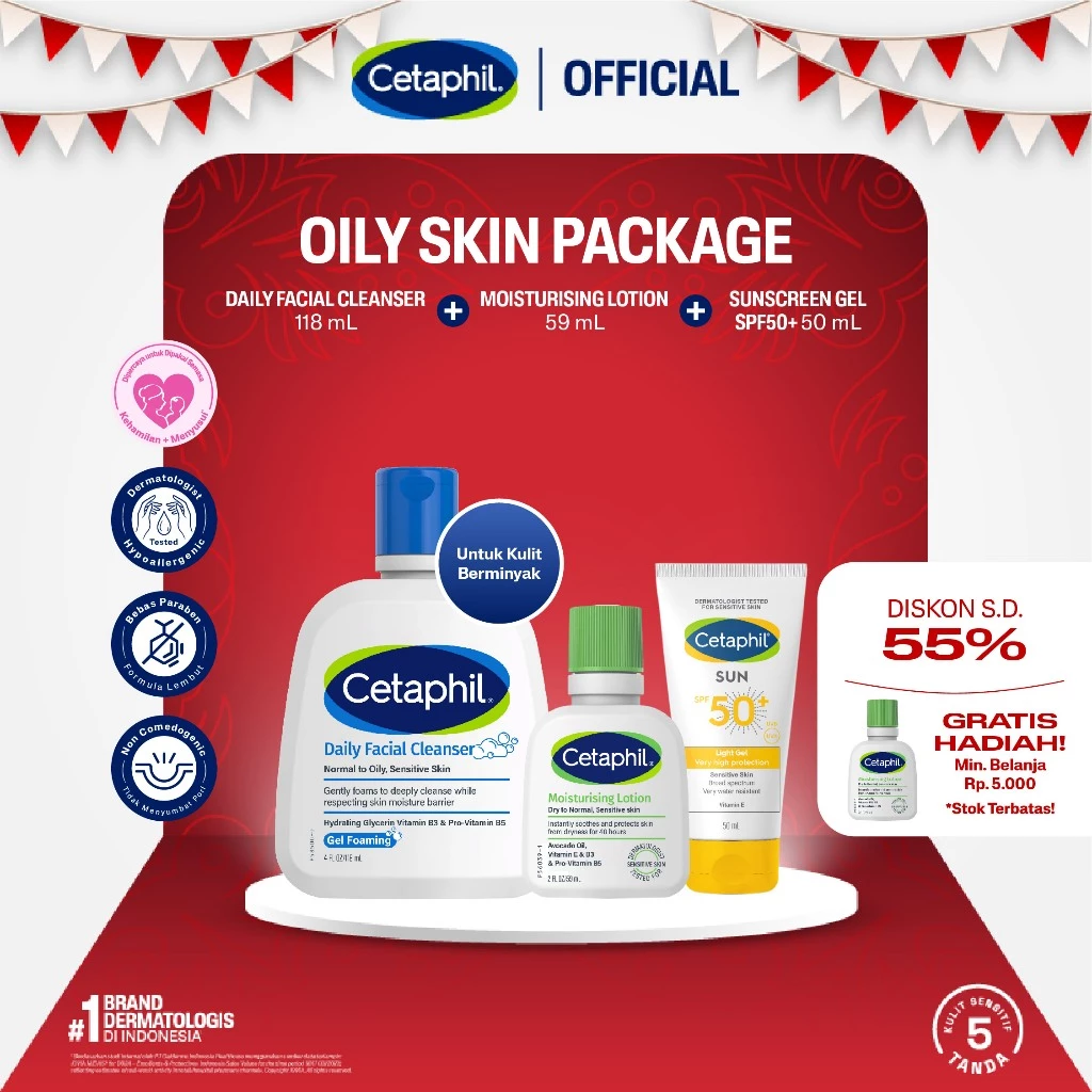 Cetaphil Daily Facial Cleanser 118ml + Moisturizing Lotion 59ml + Sun SPF50+ Light Gel 50ml - Gambar 2
