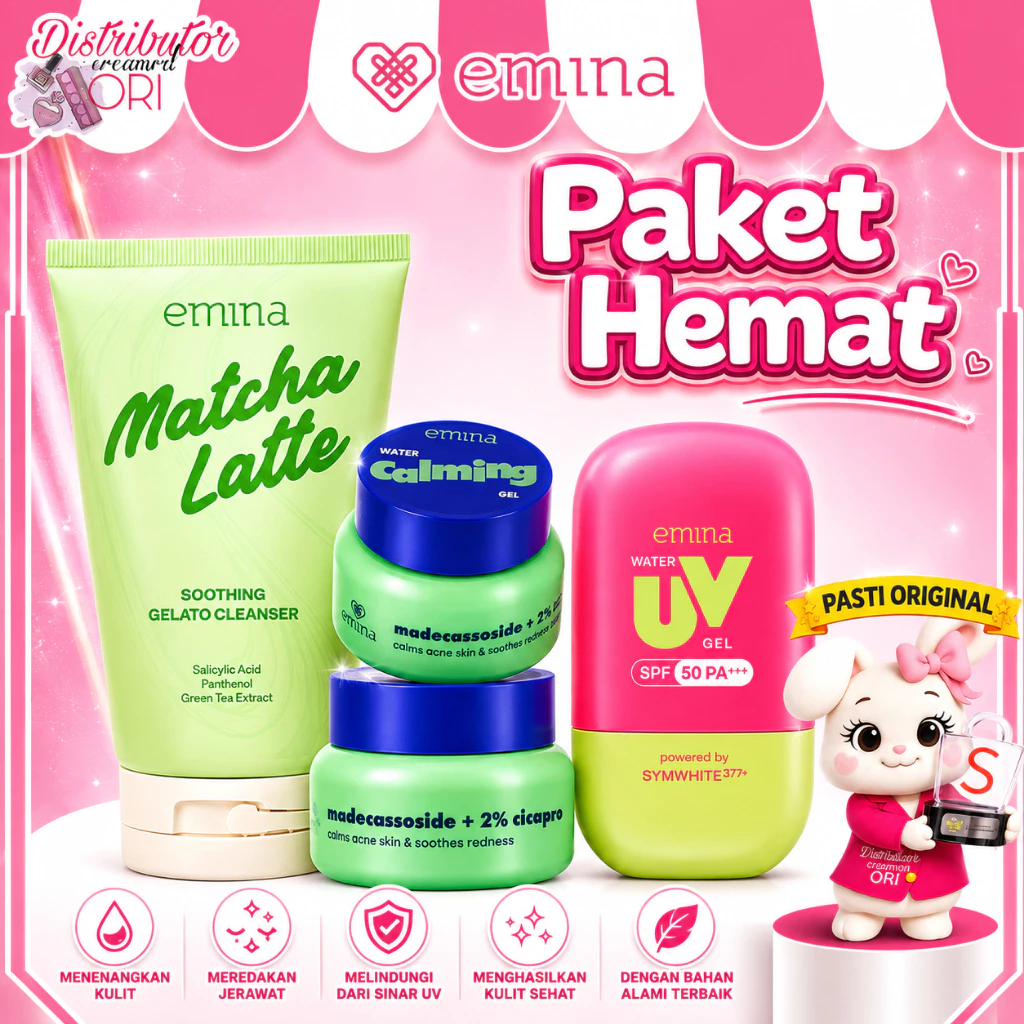 [ PAKET ISI 3 PCS ] EMINA Gelato Cleanser Matcha + Moist Water Calming + Sunscreen Water Uv Gel 25ML / Distributor Cream Ori